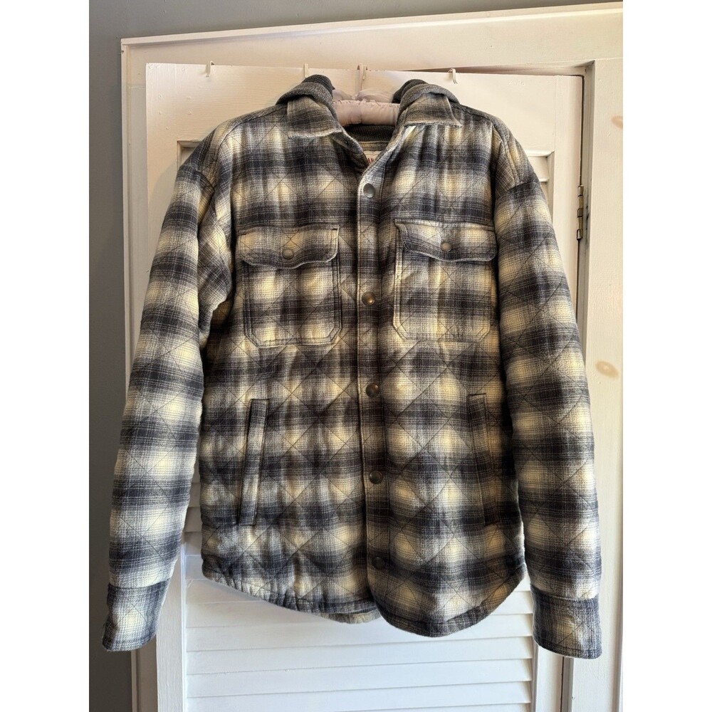 American Eagle Flannel Shacket Mens S Gray Plaid Snap Up Jacket Hood Pockets